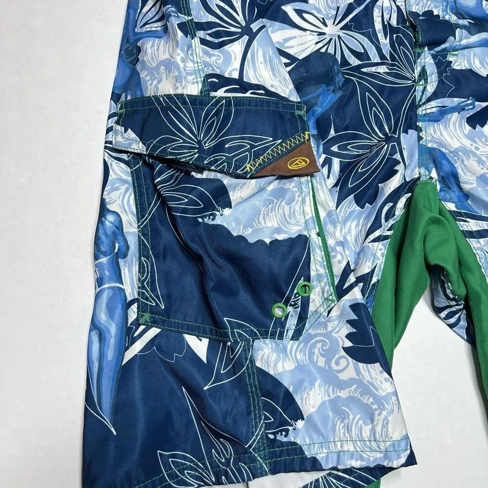 Reef Mens Vtg Y2K Board Shorts 36 Blue Bikini Tropical Floral Swim Trunks Surf